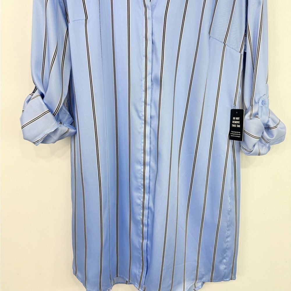 Express Light Blue Black Vertical Stripe Tab Sleeve Collared Shirt Dress NEW - Picture 6 of 15